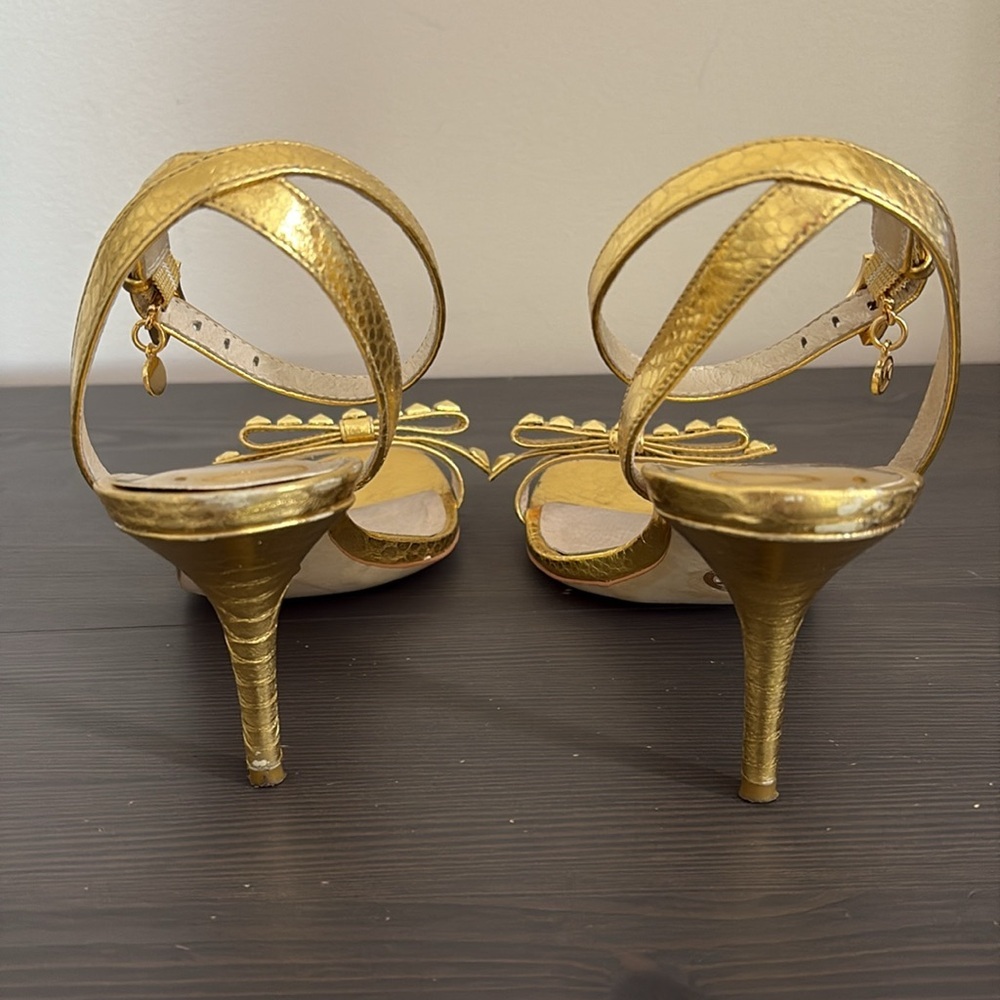 Michael Kors Livvy Ankle Heeled Sandals Strappy Metallic‎ Leather Gold Size 7.5 - Picture 7 of 14